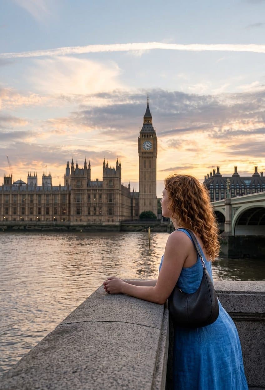 Someone leaning on a wall by the river, looking at Westminster at sunset.