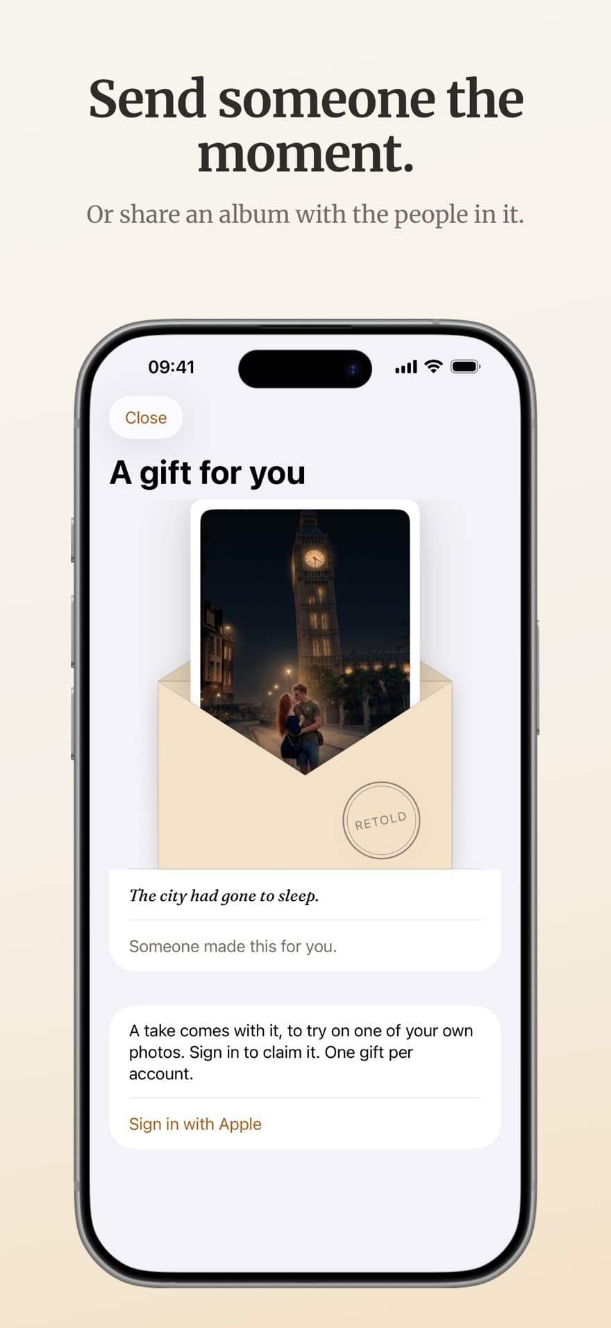 A gift arriving in Retold: a photo standing in an envelope, with a line from the sender.